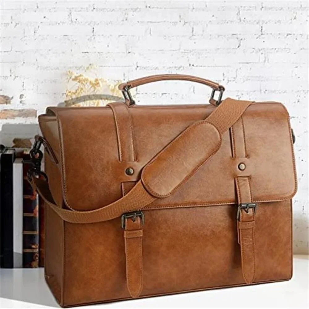 Mens Leather Messenger Bag Waterproof Laptop Briefcase Shoulder Bag 15 Inch